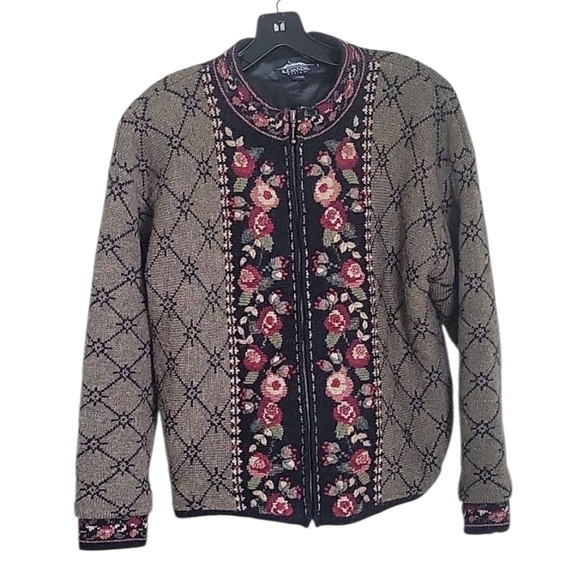 Icelandic Design Vintage Wool Floral Embroidered Olive Zip Front Jacket Size M - Picture 2 of 15